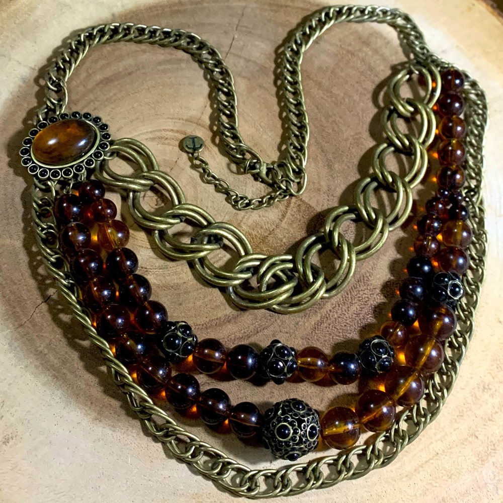 Talbots Antiqued Bronze Gold Multi Strand Statement Necklace Chains Brown Beads